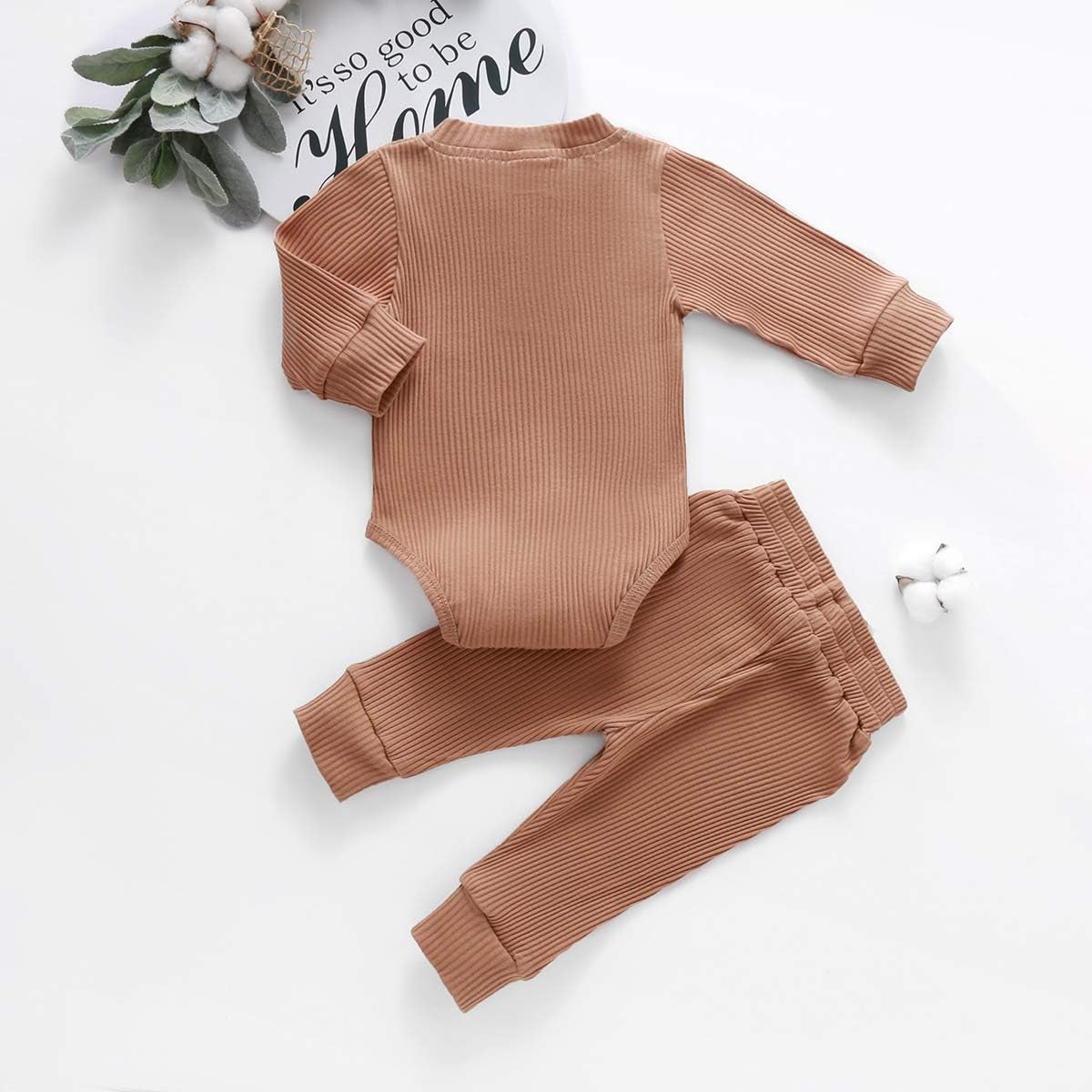 Newborn Baby Boy Girl Clothes Unisex Solid Cotton Long Sleeve Knitted Ribbed Romper & Pants Set Infant Winter Outfits