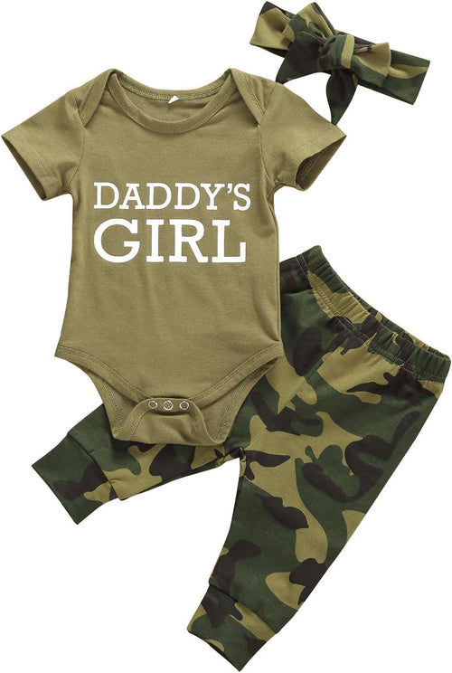 Newborn Baby Girl Clothes Daddy Sayings Top Printed Bodysuits Camouflage Pants+Hats Romper Outfit Set(0-3 Months, C-Daddy'S Girl Short Sleeve)