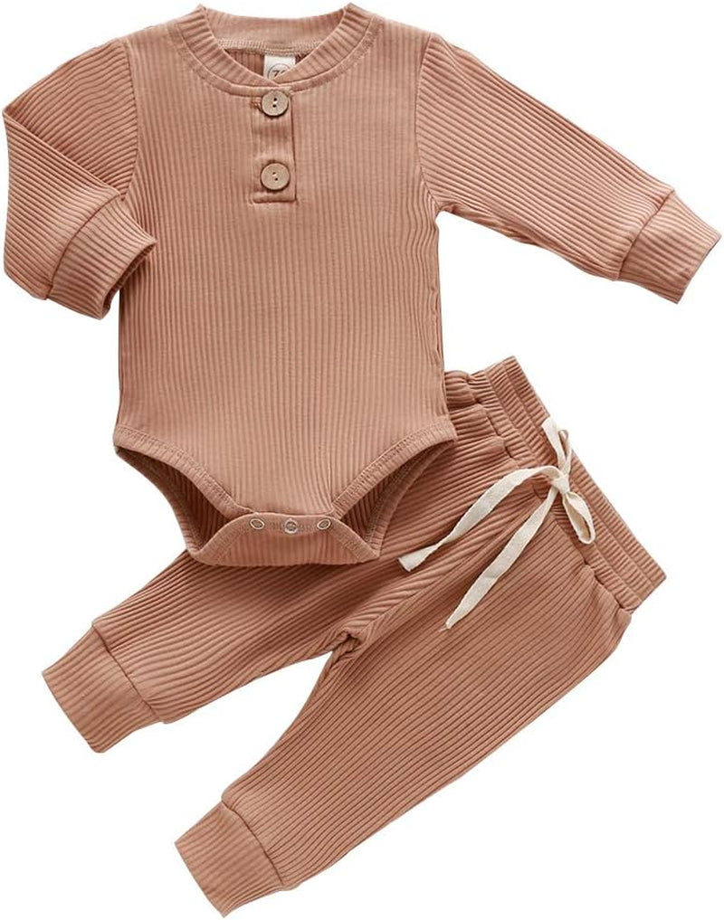 Newborn Baby Boy Girl Clothes Unisex Solid Cotton Long Sleeve Knitted Ribbed Romper & Pants Set Infant Winter Outfits