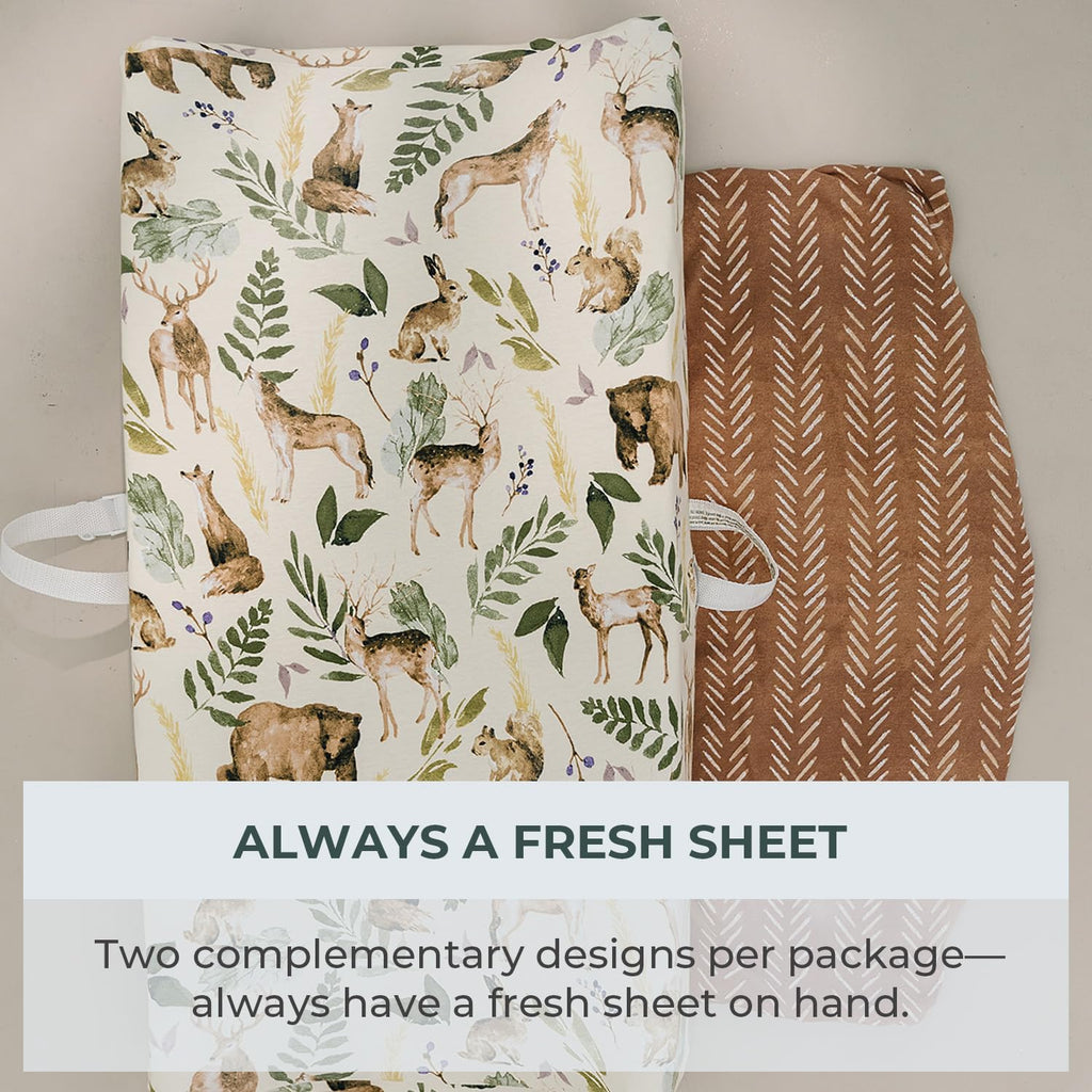 - 2 Pack Premium Changing Pad Cover - Ultra-Soft Cotton Blend, Stylish Woodland Pattern, Safe and Snug for Baby (Wildlife)