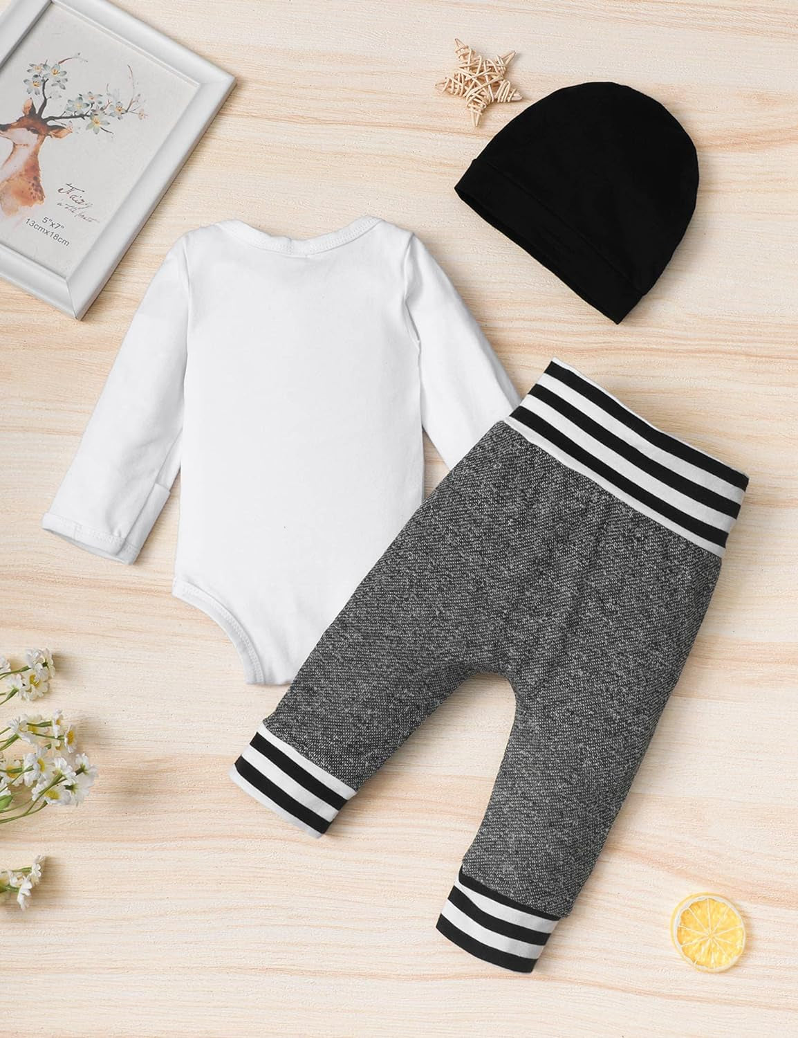 Newborn Baby Boy Clothes New to the Crew Letter Print Romper+ Pants+Hat 3PCS Outfit