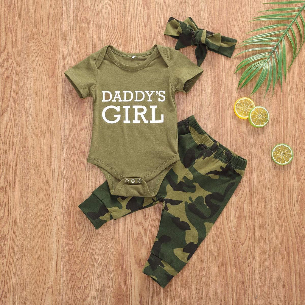 Newborn Baby Girl Clothes Daddy Sayings Top Printed Bodysuits Camouflage Pants+Hats Romper Outfit Set(0-3 Months, C-Daddy'S Girl Short Sleeve)