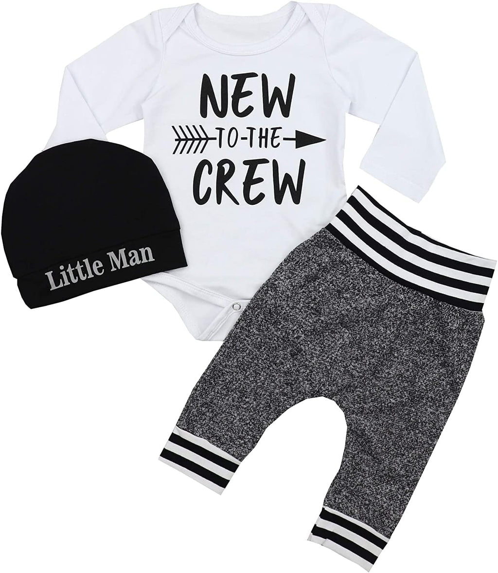 Newborn Baby Boy Clothes New to the Crew Letter Print Romper+ Pants+Hat 3PCS Outfit