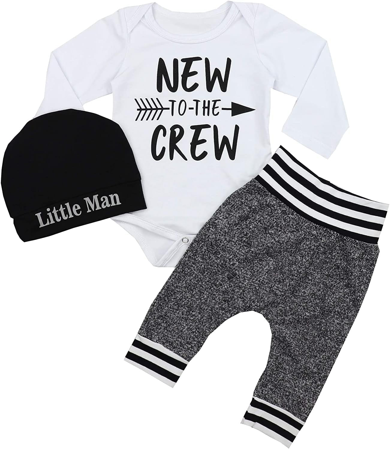 Newborn Baby Boy Clothes New to the Crew Letter Print Romper+ Pants+Hat 3PCS Outfit