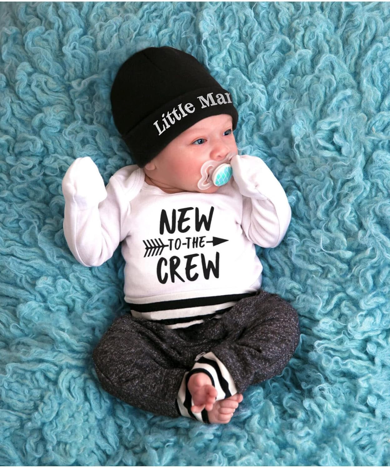 Newborn Baby Boy Clothes New to the Crew Letter Print Romper+ Pants+Hat 3PCS Outfit