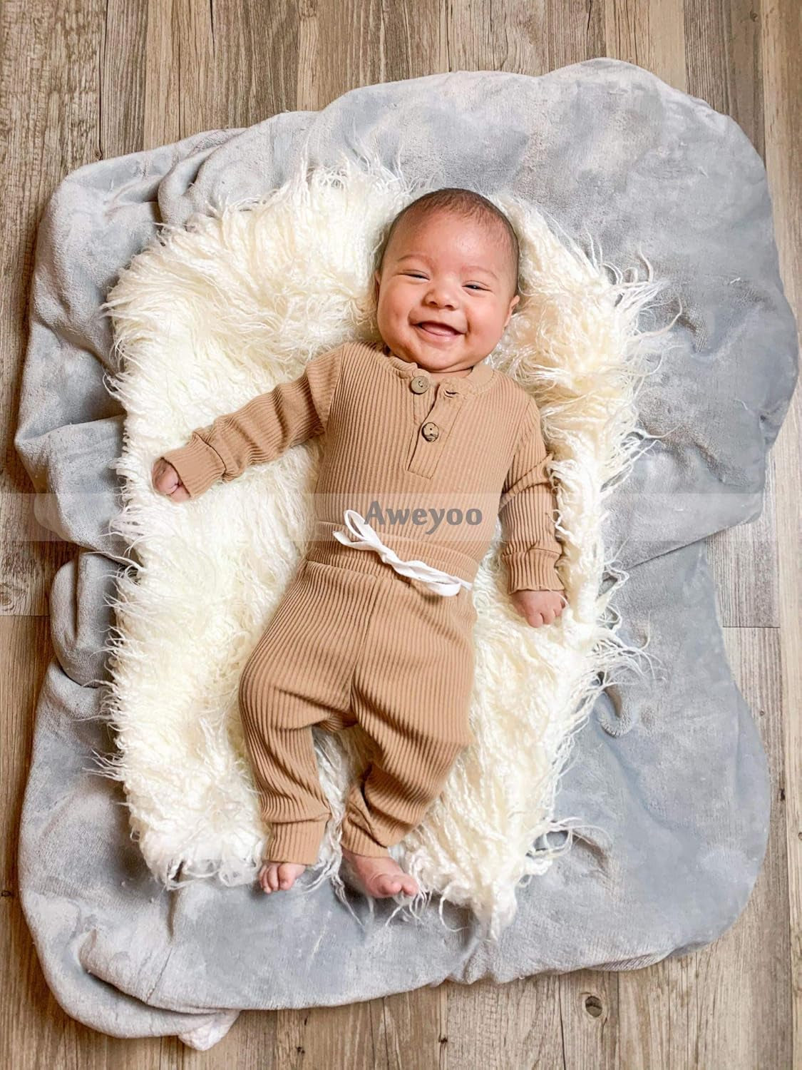 Newborn Baby Boy Girl Clothes Unisex Solid Cotton Long Sleeve Knitted Ribbed Romper & Pants Set Infant Winter Outfits