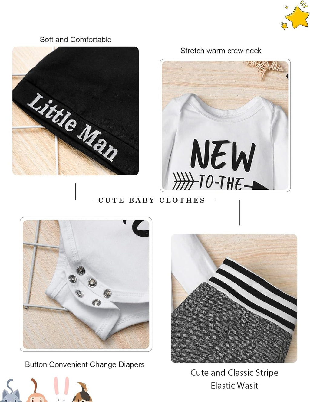 Newborn Baby Boy Clothes New to the Crew Letter Print Romper+ Pants+Hat 3PCS Outfit