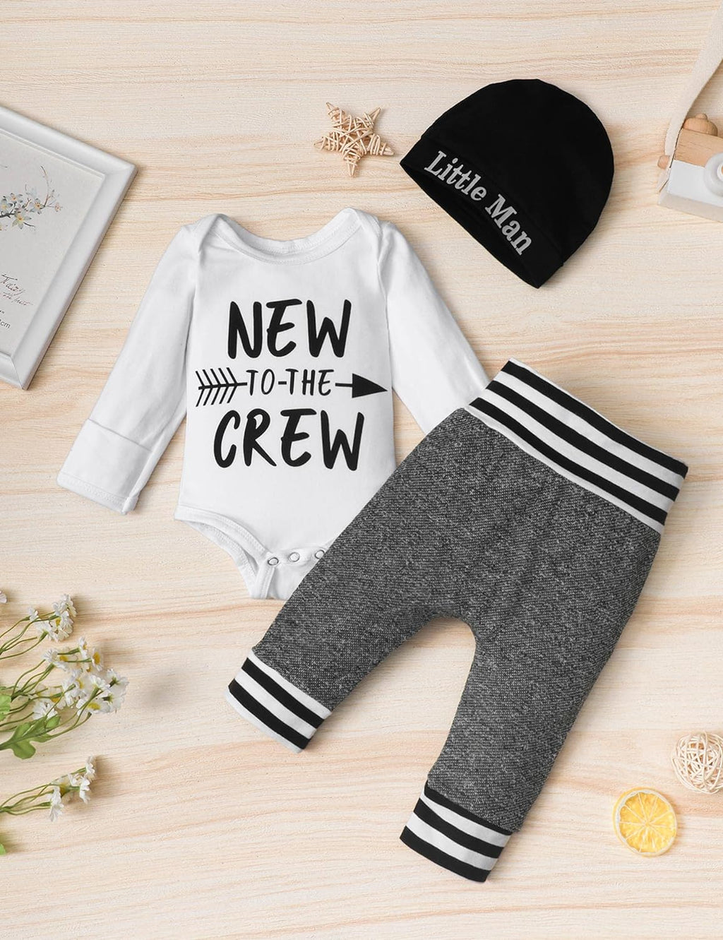 Newborn Baby Boy Clothes New to the Crew Letter Print Romper+ Pants+Hat 3PCS Outfit