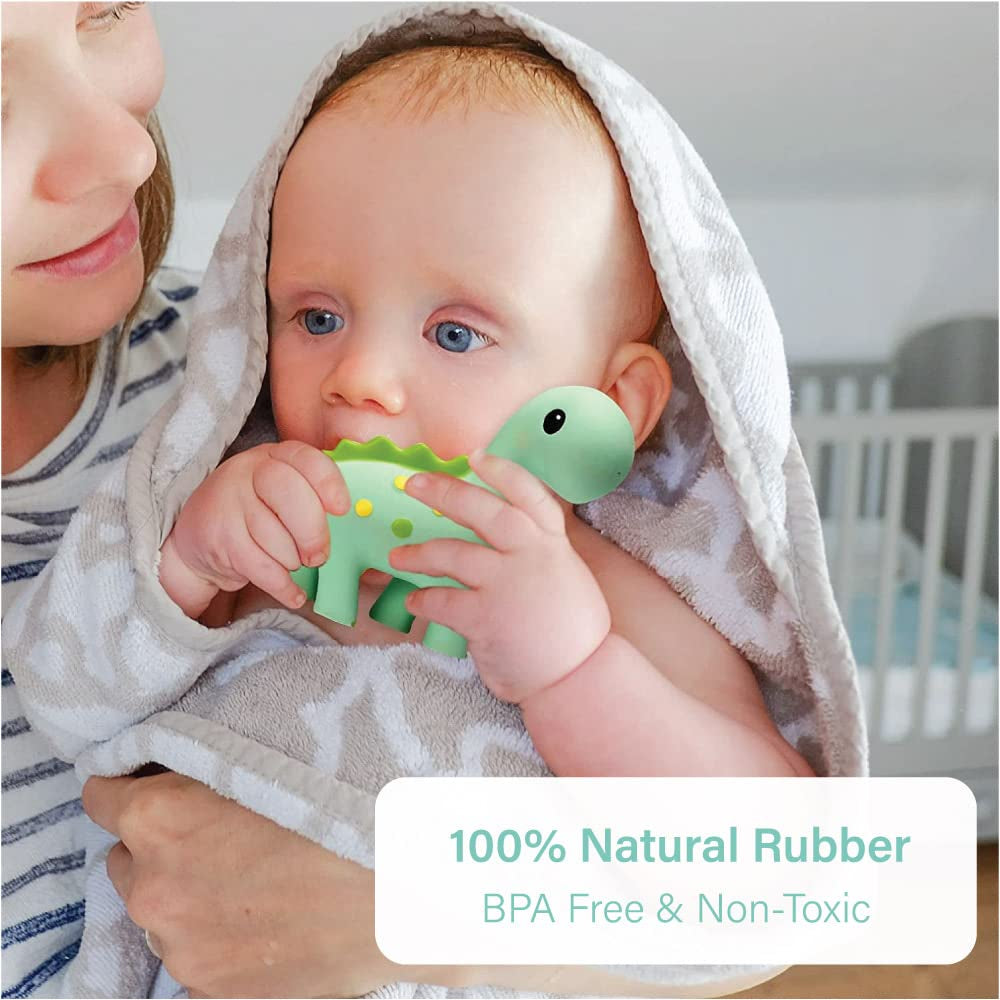 Baby Teething Toys, Dinosaur Teether for Toddler & Baby Boys and Girls, 100% Natural Rubber Squeaker, Bpa-Free, Soothe Sore Itchy Gums & Teething Pain (Dinosaur)